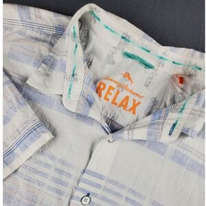 Tommy Bahama Relax Camp Shirt Short Sleeve Plaid Button Up Seersucker Xl